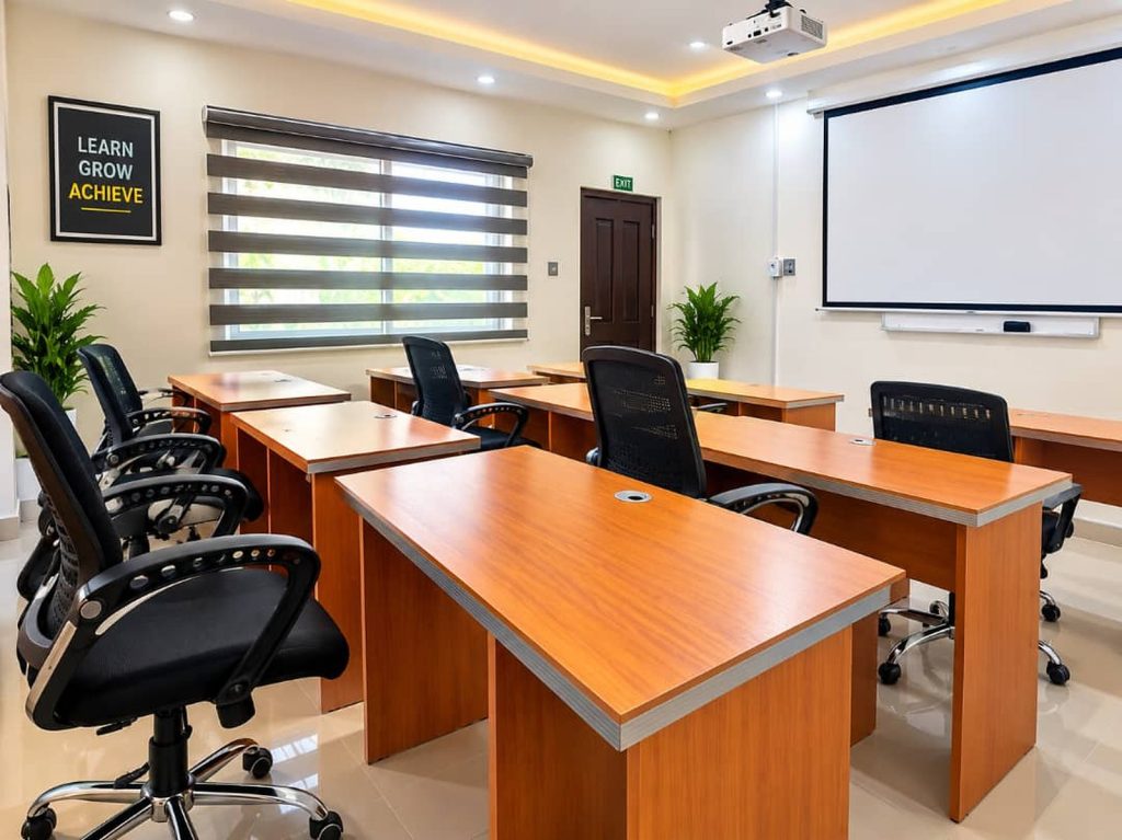 Oilchem Mud School training classroom with desks, office chairs and a projector screen
